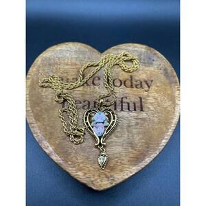 24” vintage porcelain floral necklace small faux pearls gold tone heart